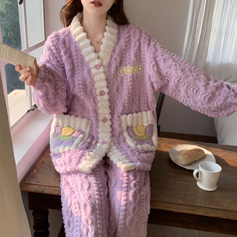 ルームウェア 暖かもこもこパジャマ上下セット5色展開