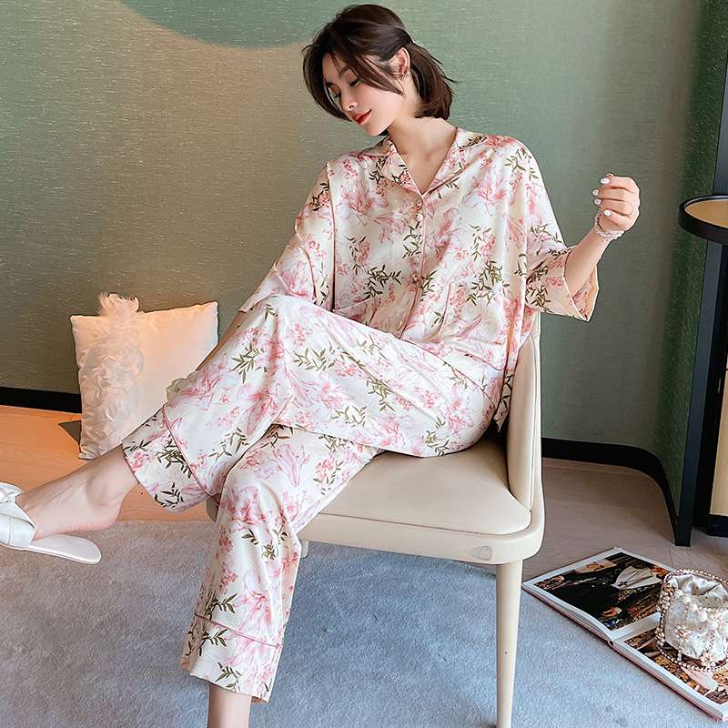 レディース ルームウェア 優美な花柄プリント パジャマ 上下セット