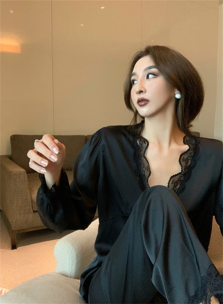 ルームウェア レース縫付ブイネックパジャマセット上下