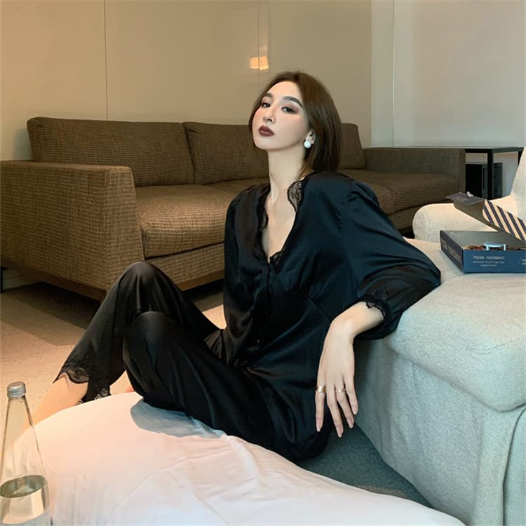 ルームウェア レース縫付ブイネックパジャマセット上下