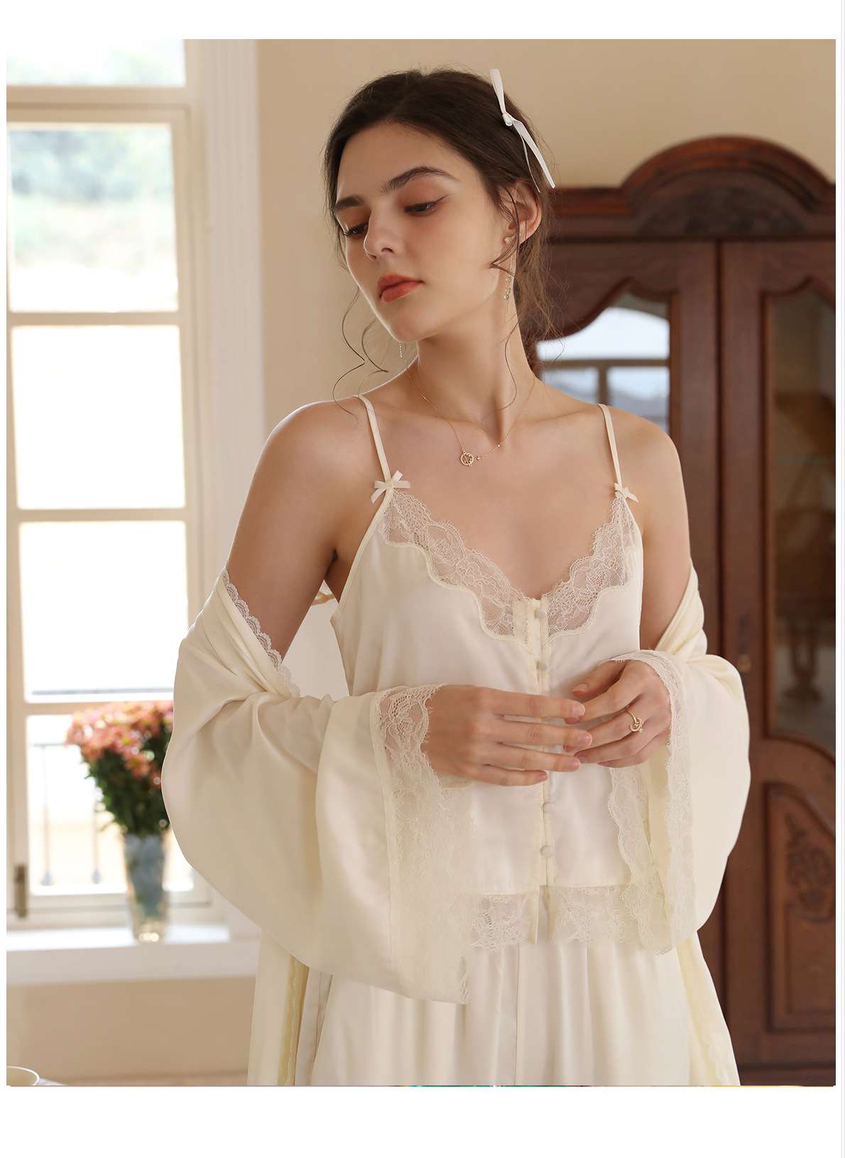 レース付きシルク調ロングキャミソール レディース ルームウェア