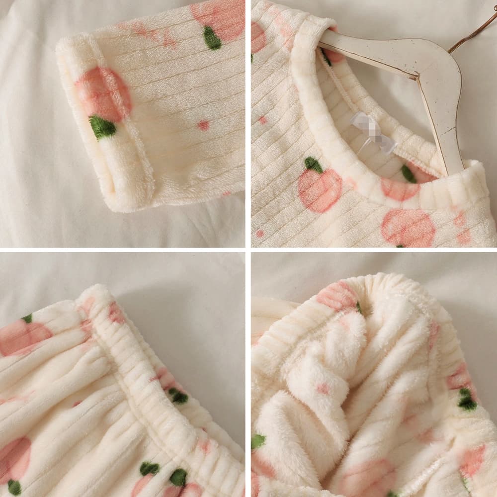 ルームウェア もこもこ桃柄パジャマ上下セット レディース秋冬