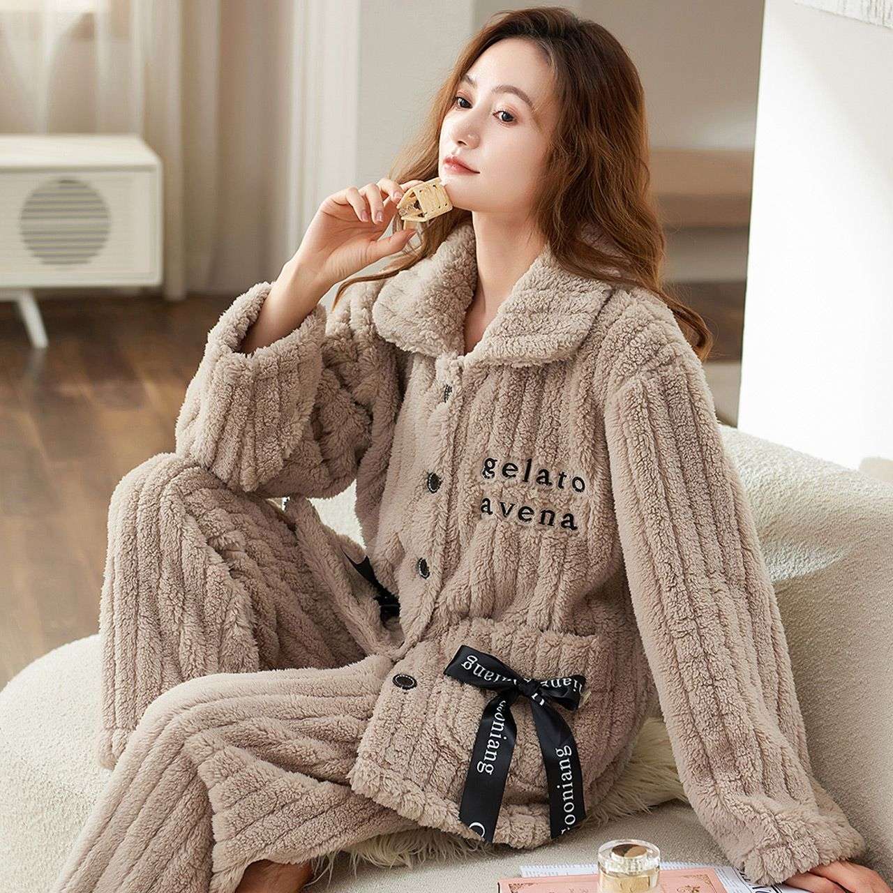 レディース ルームウェア もこもこ リボン付き ふわふわ ペア上下組