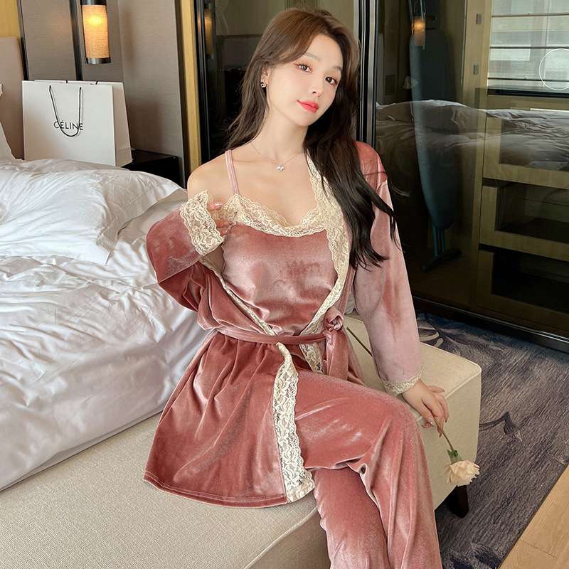 レース付きベロア調パジャマセット レディース ルームウェア