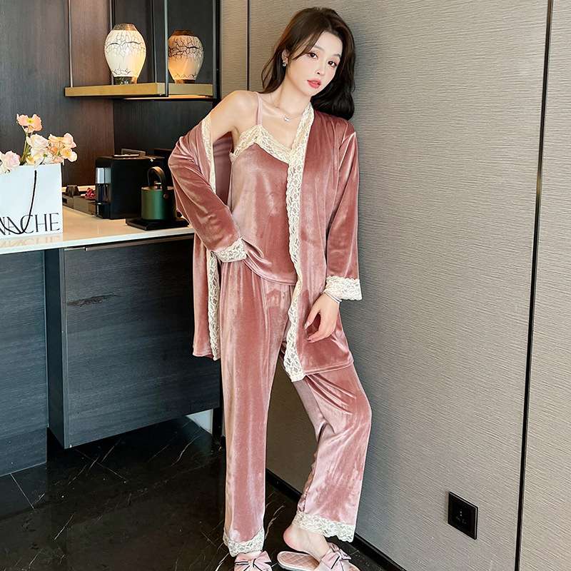 レース付きベロア調パジャマセット レディース ルームウェア