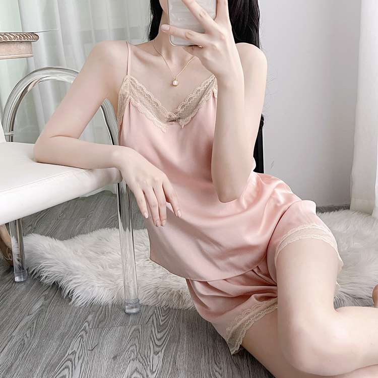 レース縁取りキャミソールとショートパンツセット レディース ルームウェア