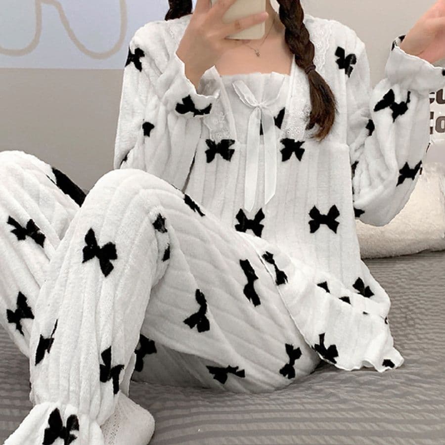 ふわふわリボン柄パジャマ上下セット 可愛いルームウェア