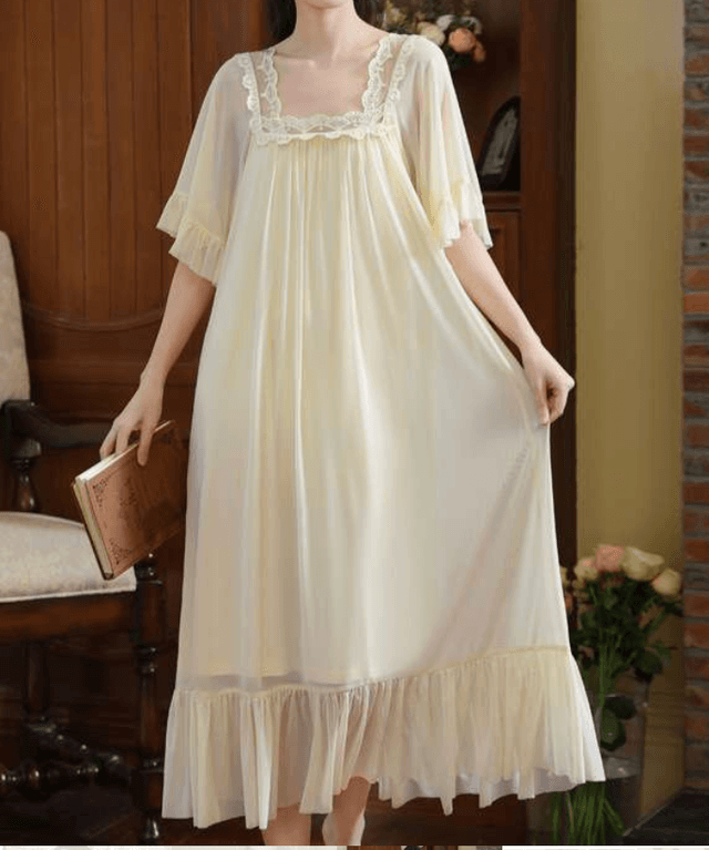 レース飾りシフォンロングネグリジェ レディース ルームウェア