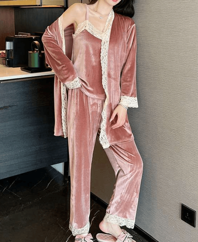 レース付きベロア調パジャマセット レディース ルームウェア