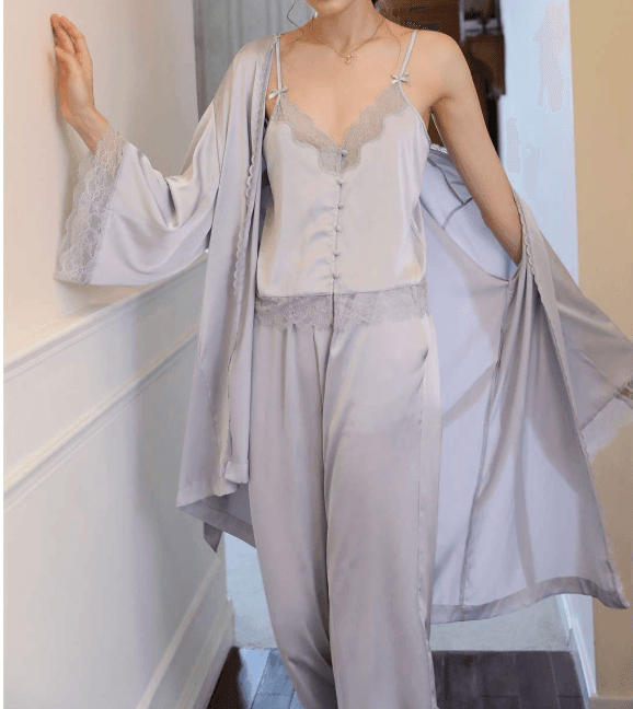 レース付きシルク調ロングキャミソール レディース ルームウェア