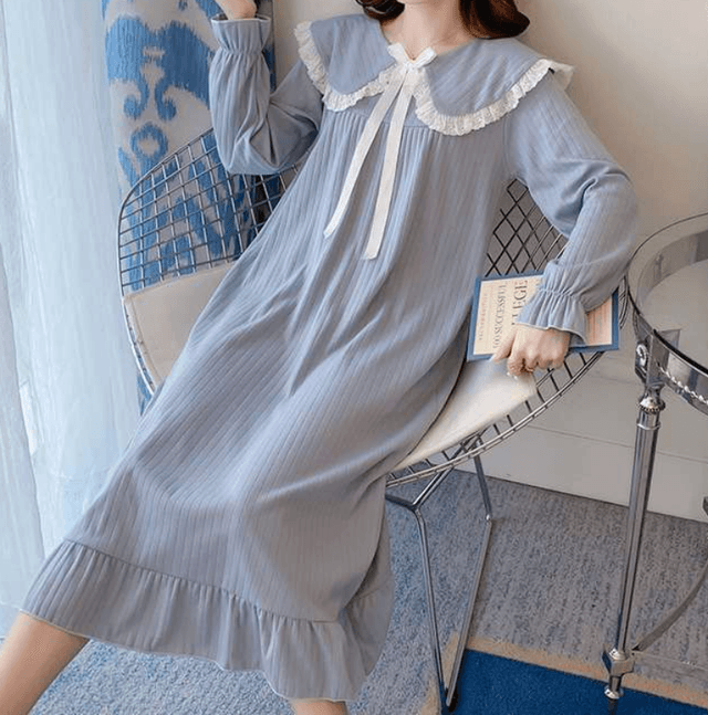 フリルカラーロングスリーブワンピース レディース ルームウェア