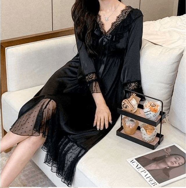 優雅なレース襟 シルクタッチ ナイトドレス レディース ルームウェア