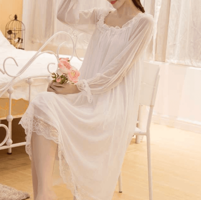 優雅なレース付きシフォンナイトドレス レディース ルームウェア