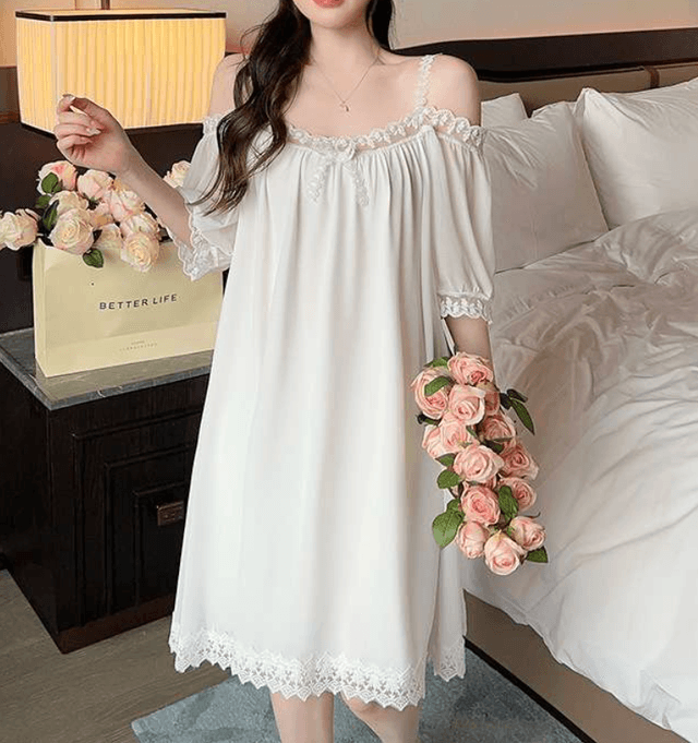 優雅なレース飾りオフショルダーネグリジェ レディース ルームウェア