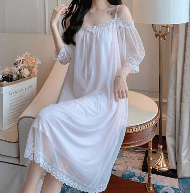 オフショルダーレースナイトドレス レディース ルームウェア