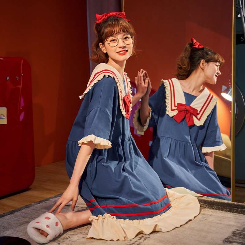 セーラー風フリルデザインルームワンピース レディース ルームウェア