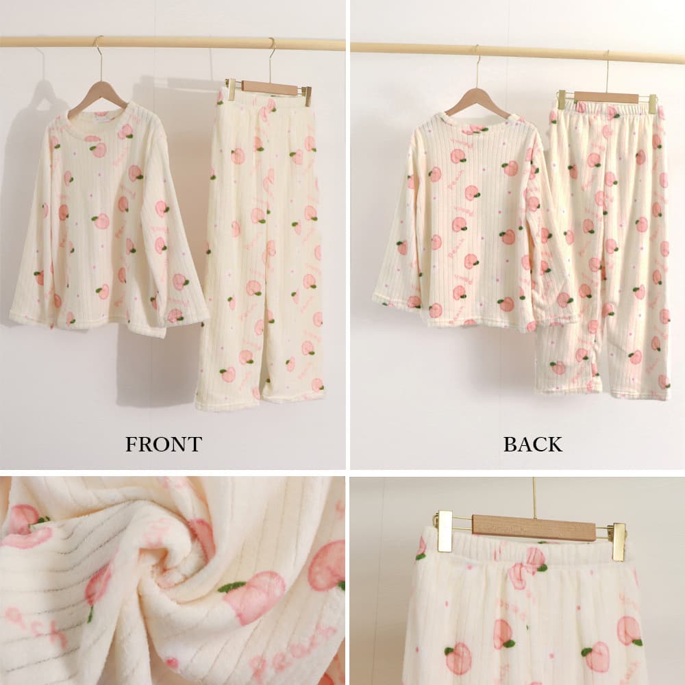 ルームウェア もこもこ桃柄パジャマ上下セット レディース秋冬