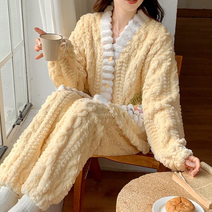 秋冬新作もこもこパジャマ上下セット長袖厚手暖かルームウェア