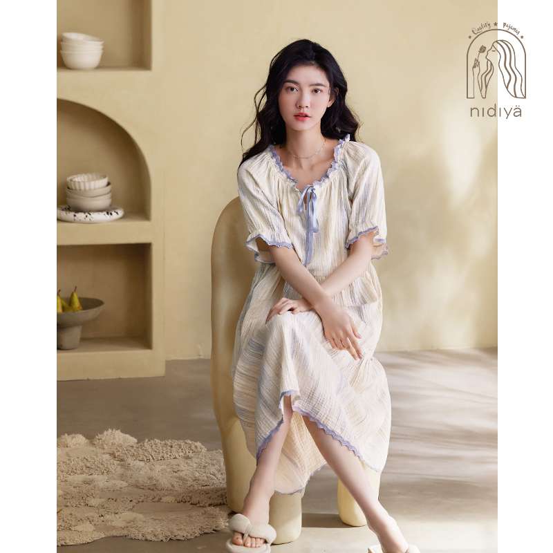 優雅な雰囲気のフリル袖ロングワンピース レディース ルームウェア