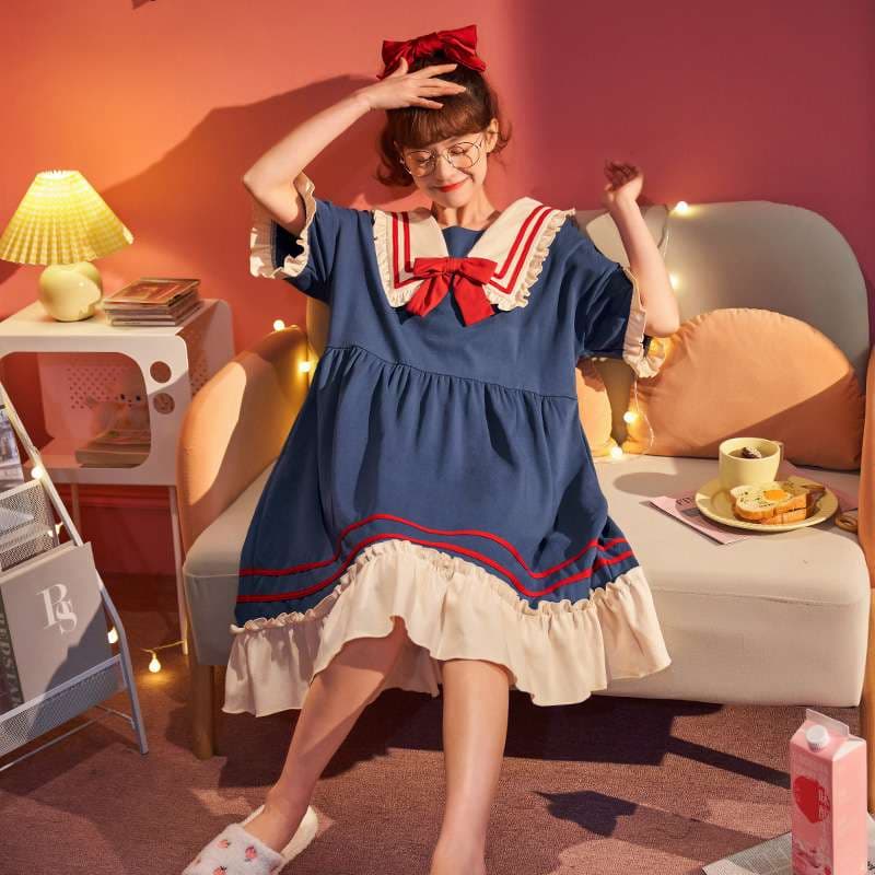 セーラー風フリルデザインルームワンピース レディース ルームウェア