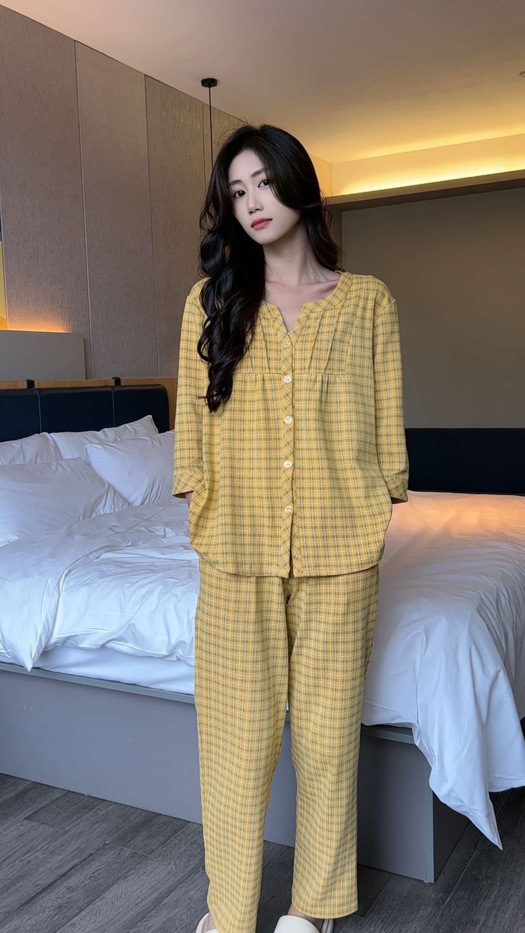 春夏向けチェック柄パジャマセット レディース ルームウェア