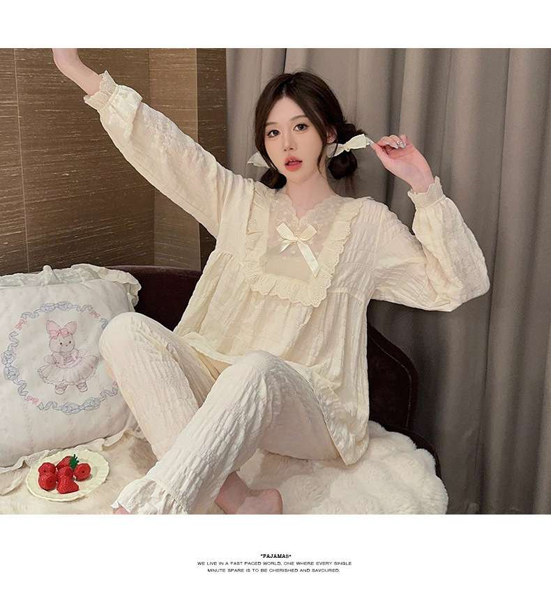 フリルレース付きリボン結びパジャマセット レディース ルームウェア