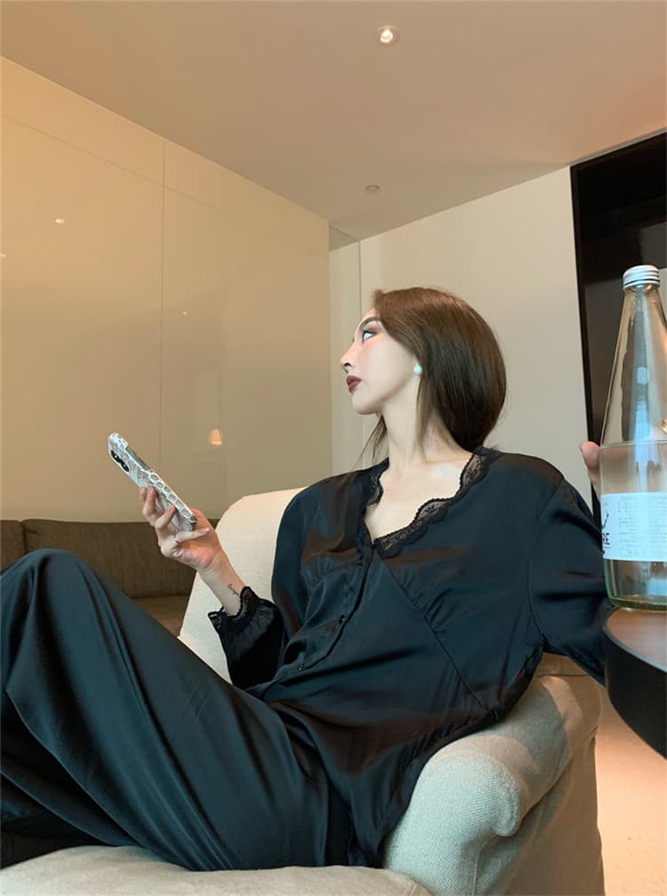 ルームウェア レース縫付ブイネックパジャマセット上下