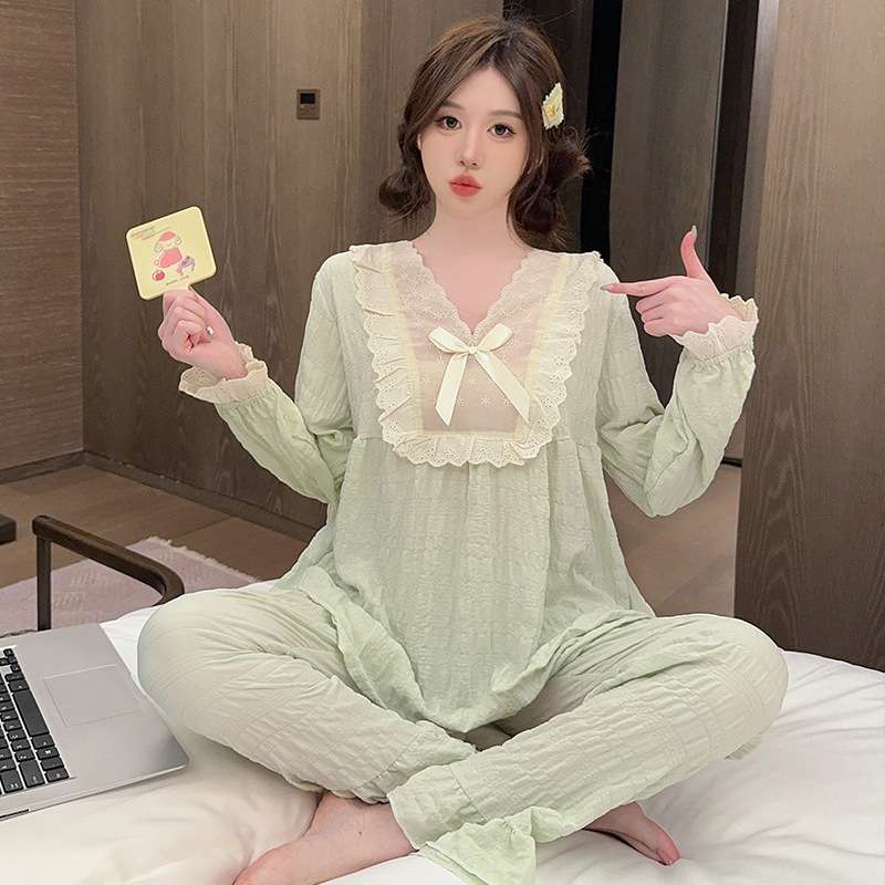 フリルレース付きリボン結びパジャマセット レディース ルームウェア