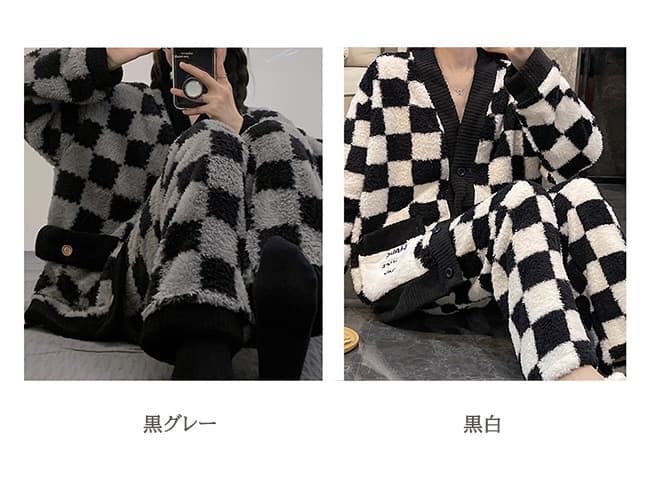 秋冬新作チェック柄パジャマ上下セット厚手暖かルームウェア