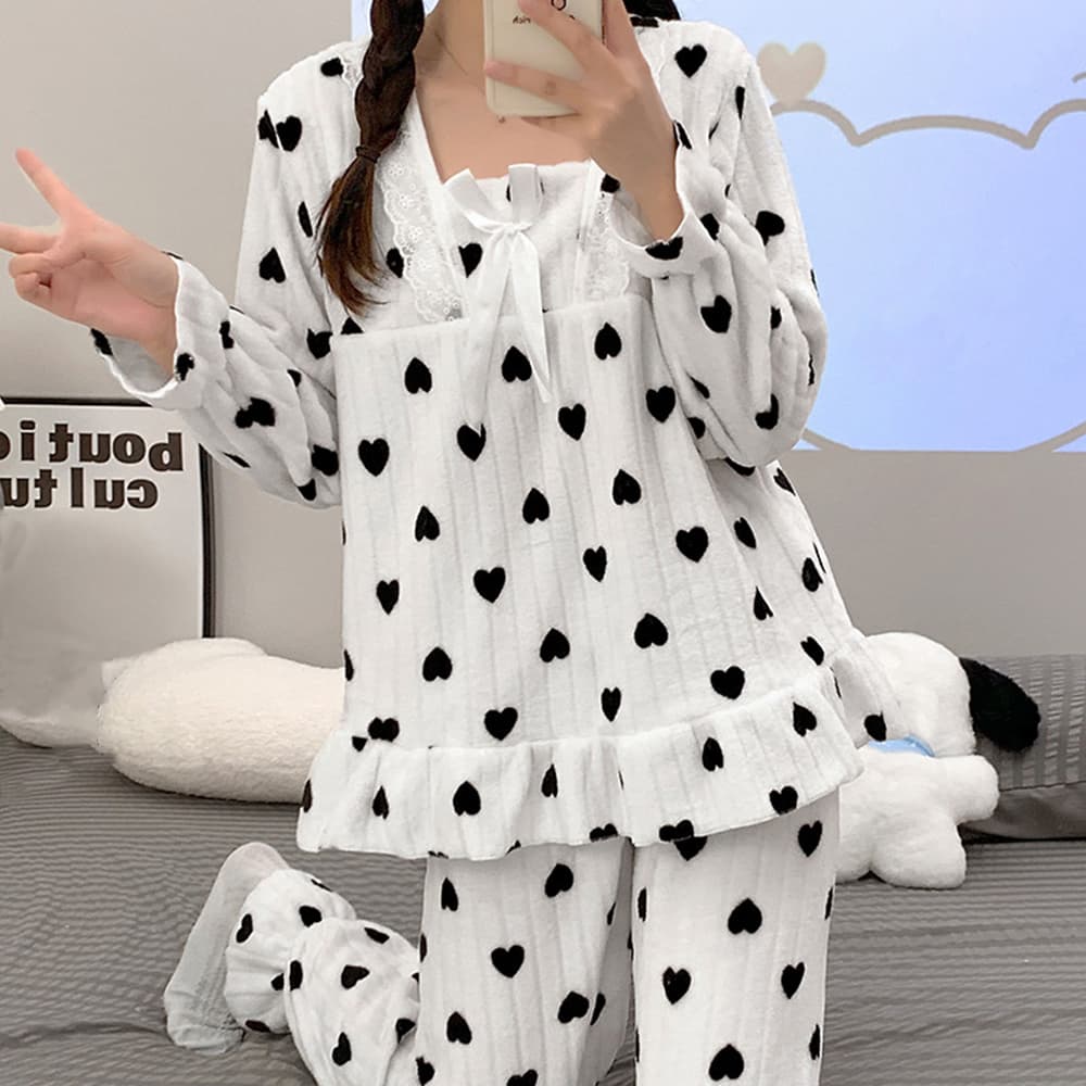 ふわふわリボン柄パジャマ上下セット 可愛いルームウェア