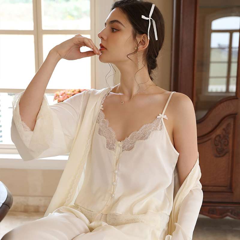 レース付きシルク調ロングキャミソール レディース ルームウェア