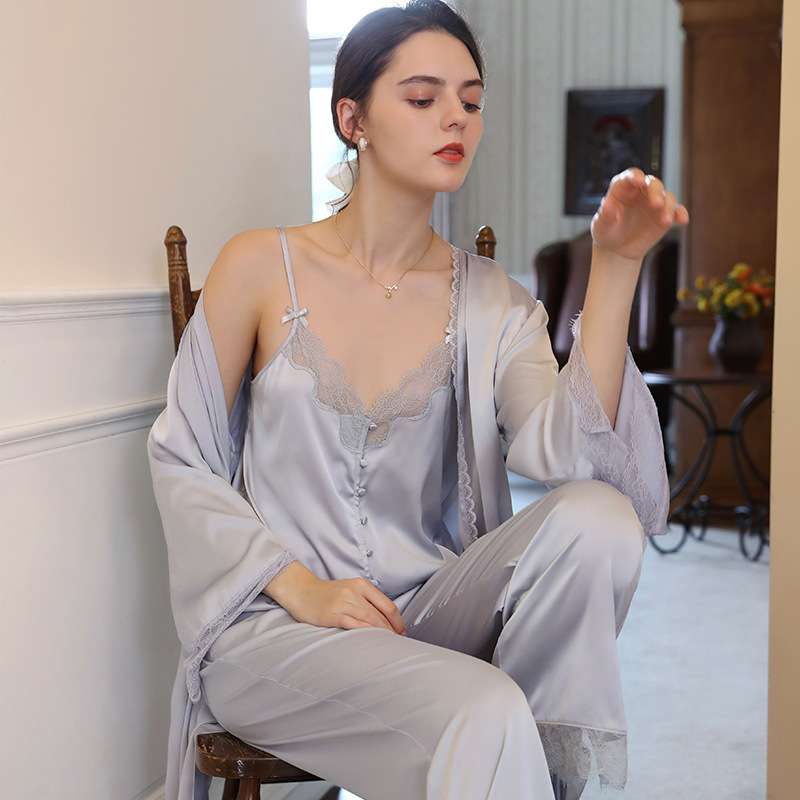 レース付きシルク調ロングキャミソール レディース ルームウェア