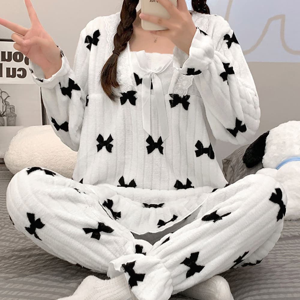 ふわふわリボン柄パジャマ上下セット 可愛いルームウェア