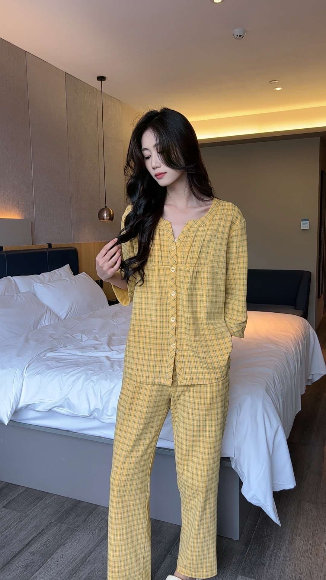 春夏向けチェック柄パジャマセット レディース ルームウェア