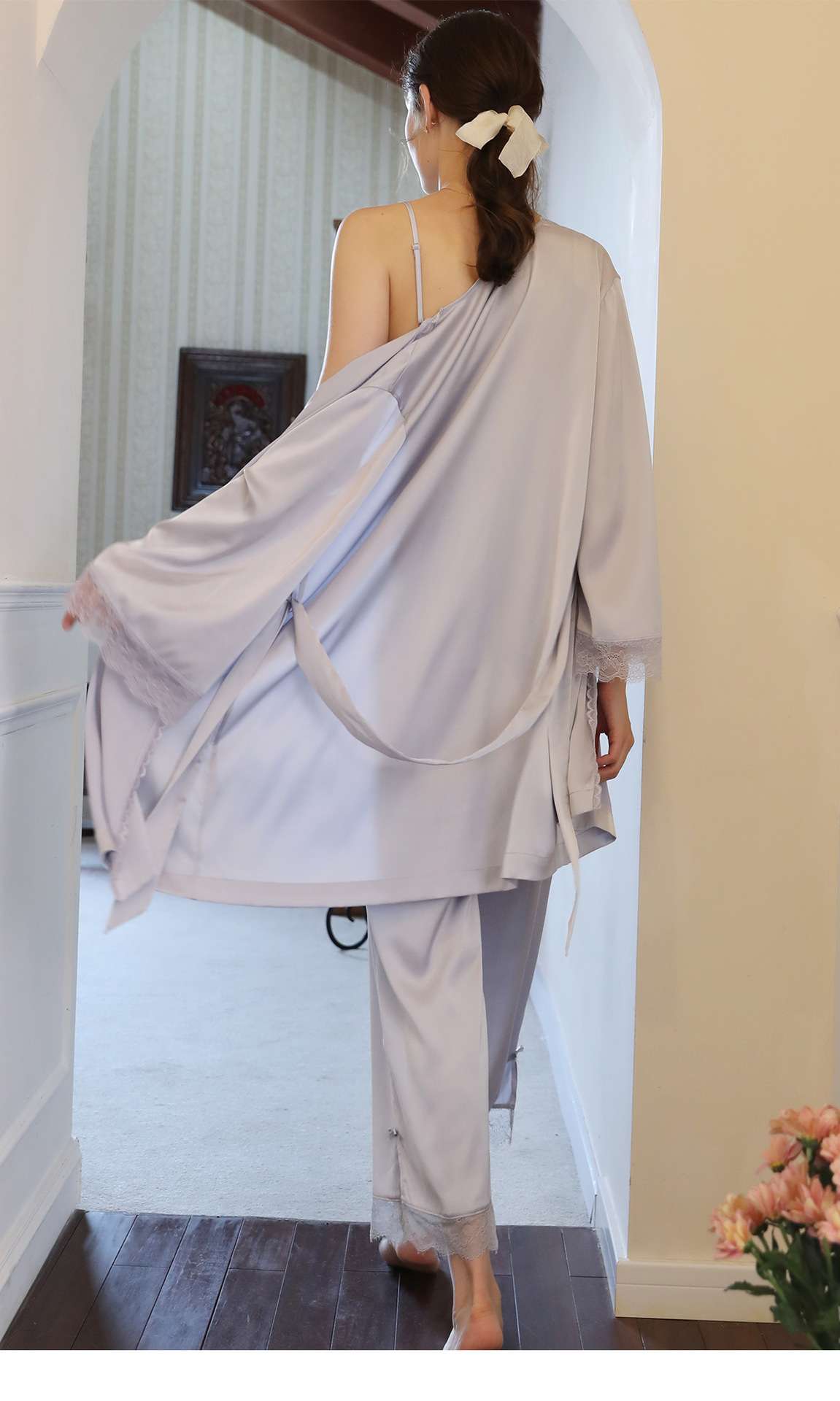 レース付きシルク調ロングキャミソール レディース ルームウェア