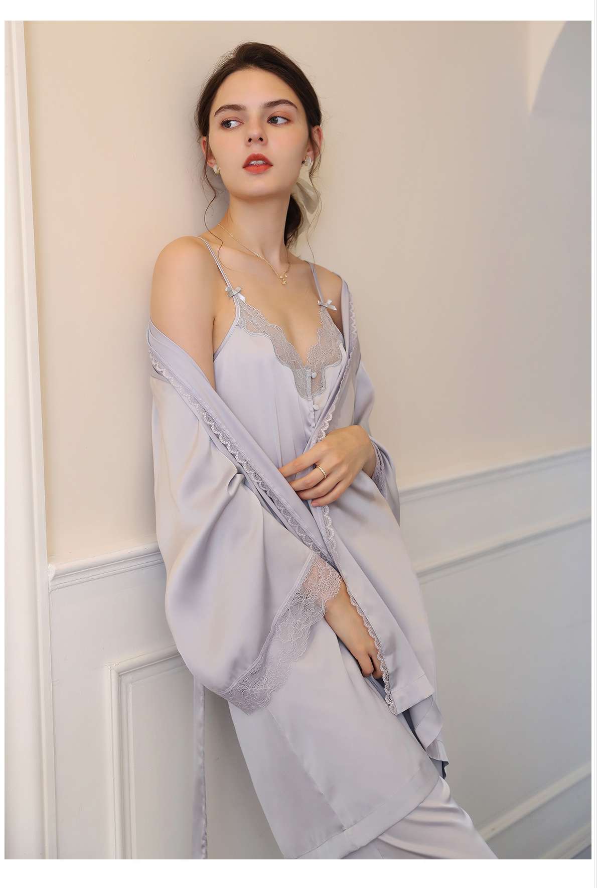 レース付きシルク調ロングキャミソール レディース ルームウェア