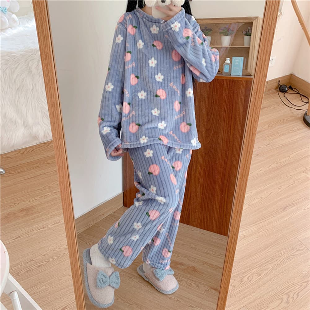 ルームウェア もこもこ桃柄パジャマ上下セット レディース秋冬