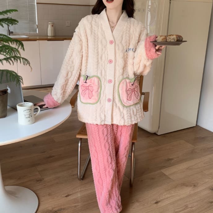 秋冬新作もこもこパジャマ上下セット長袖厚手暖かルームウェア
