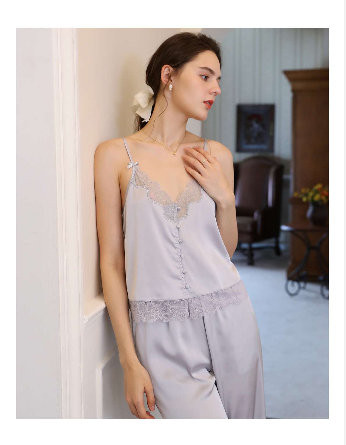 レース付きシルク調ロングキャミソール レディース ルームウェア