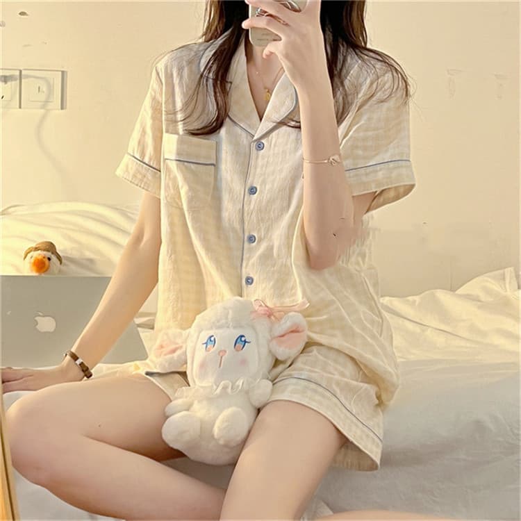 ルームウェア チェック柄レース付き可愛いパジャマセット