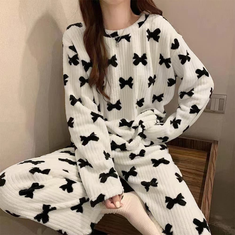 ルームウェア もこもこ桃柄パジャマ上下セット レディース秋冬