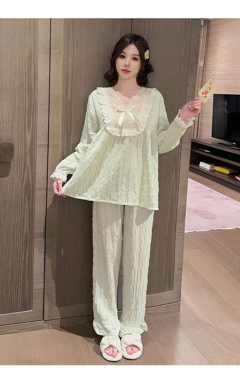 フリルレース付きリボン結びパジャマセット レディース ルームウェア
