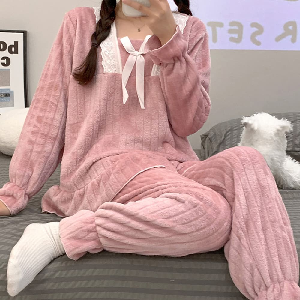 ふわふわリボン柄パジャマ上下セット 可愛いルームウェア