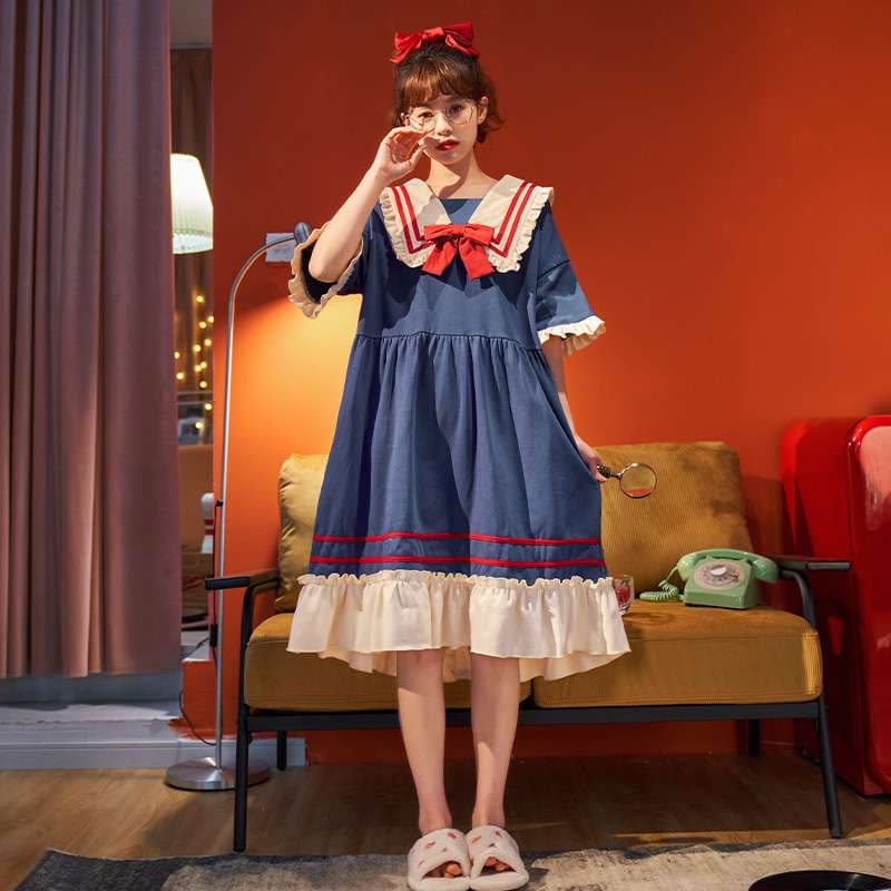 セーラー風フリルデザインルームワンピース レディース ルームウェア