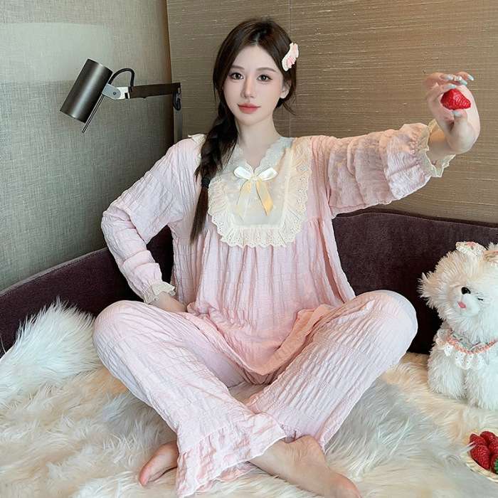 フリルレース付きリボン結びパジャマセット レディース ルームウェア