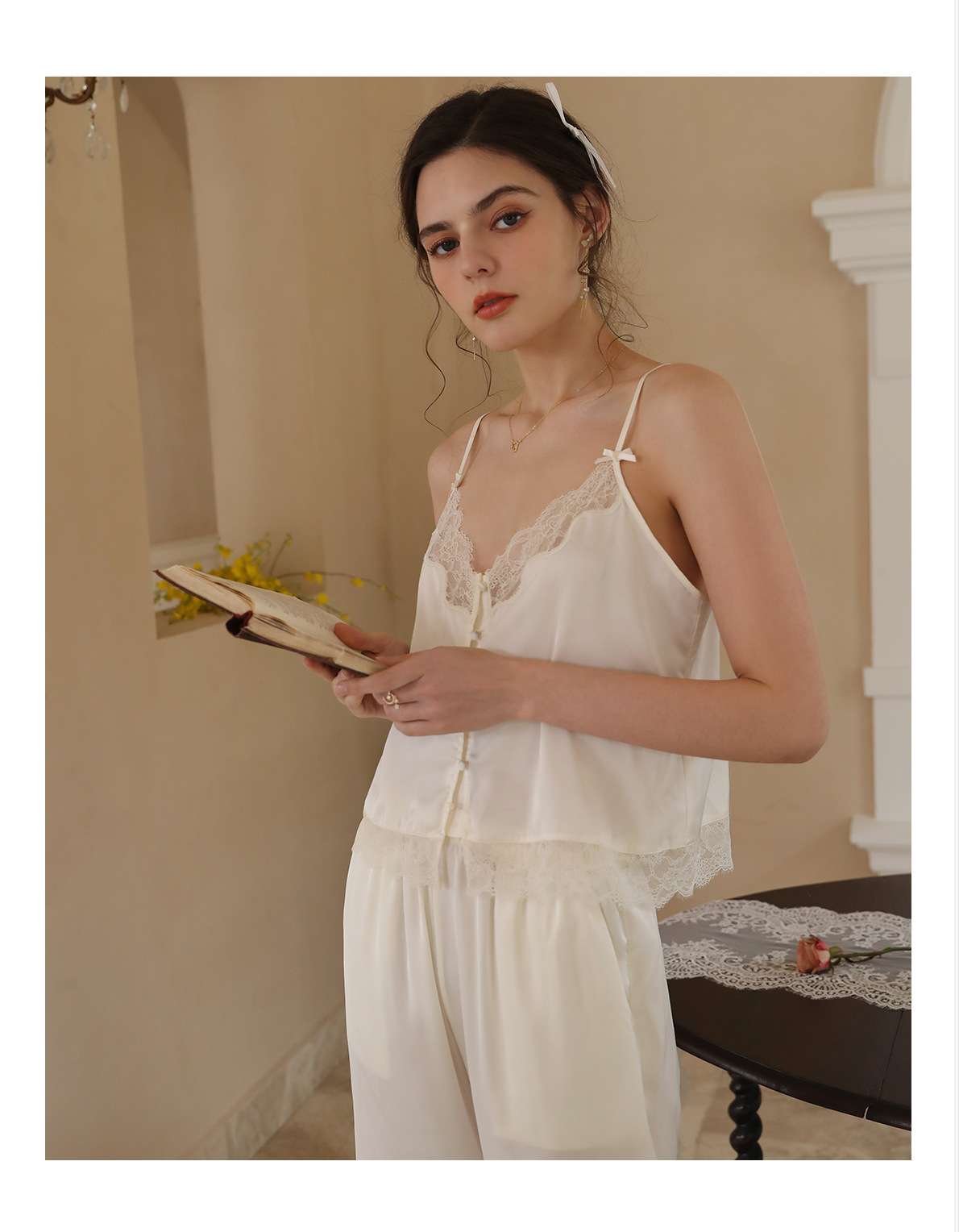 レース付きシルク調ロングキャミソール レディース ルームウェア