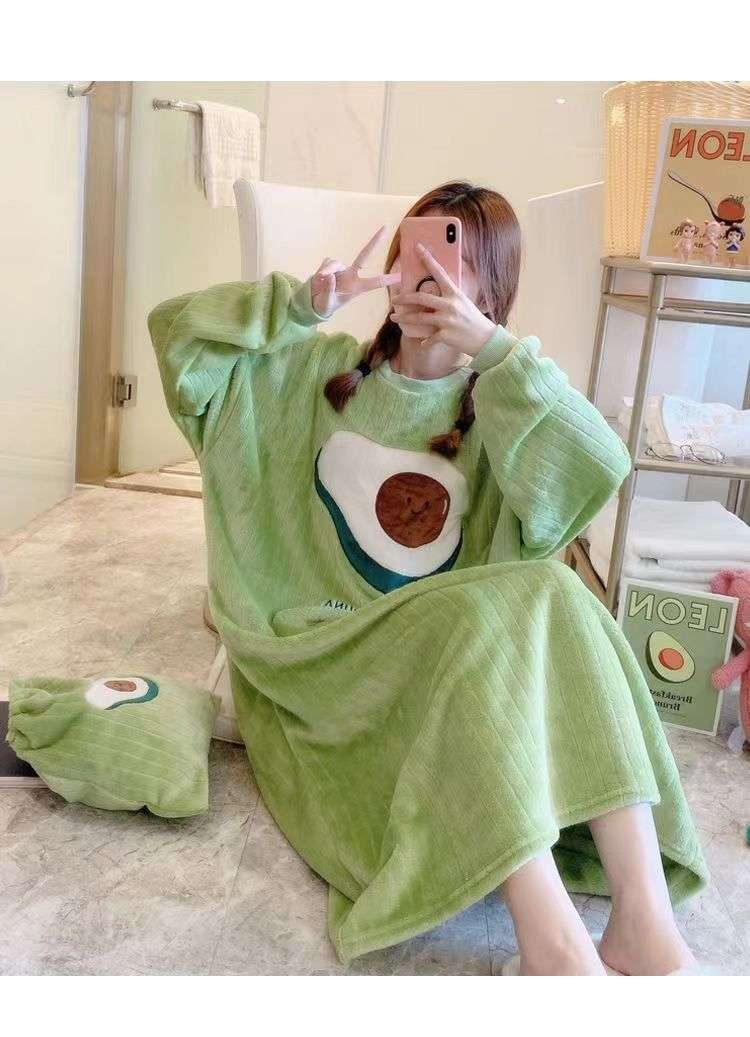 もこもこアボカド柄の癒し系ロングワンピースフランネル レディース ルームウェア