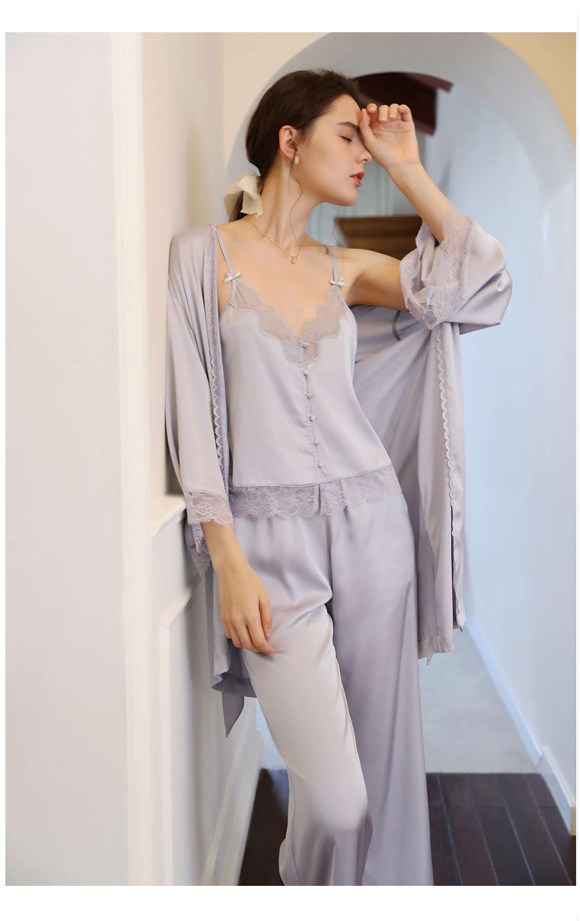 レース付きシルク調ロングキャミソール レディース ルームウェア