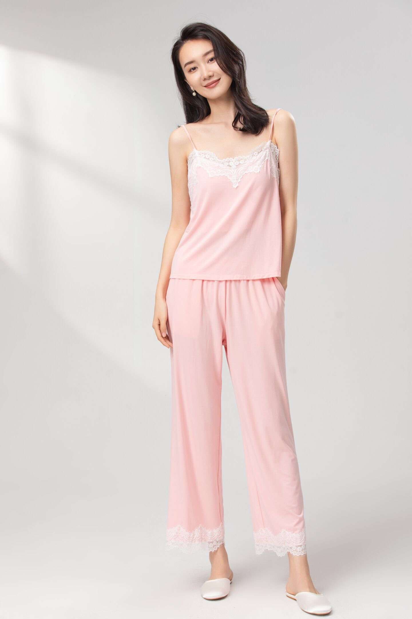 レース飾りキャミソールとロングパンツセット レディース ルームウェア