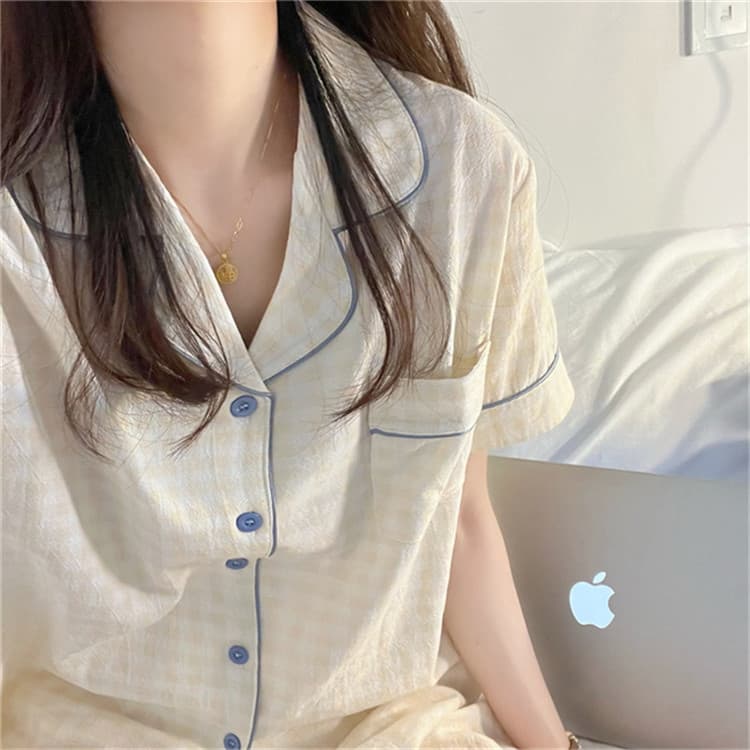 ルームウェア チェック柄レース付き可愛いパジャマセット